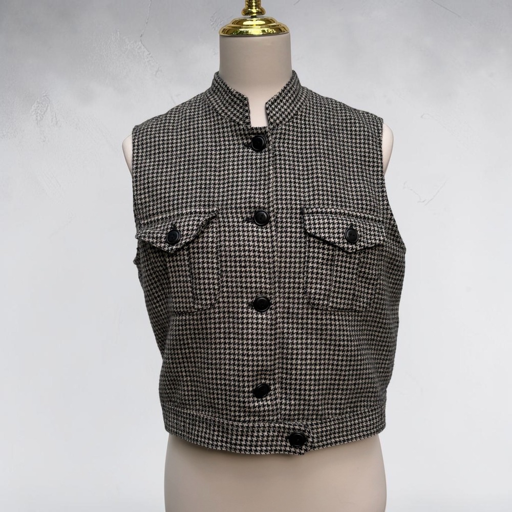 VTG Houndstooth Vest 12 Black Tan Academia Mock Neck Wool Alpaca Layering Preppy